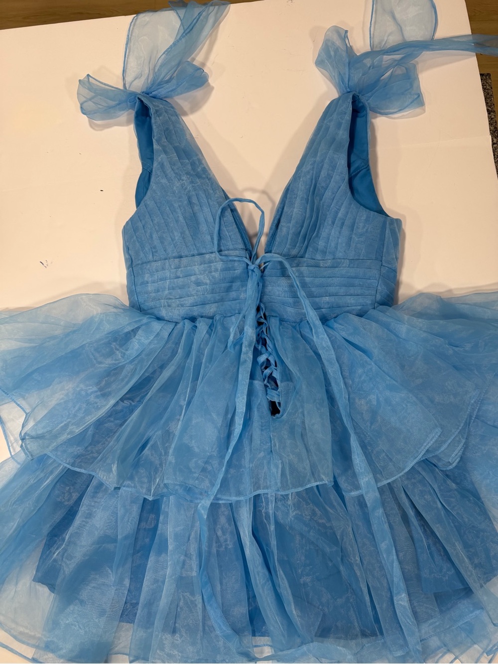 Blue Tie-Shoulder Ruffled V-Neck Mini Dress - Picture 8 of 12